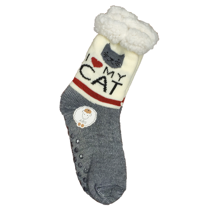 Northern Comfort "I Love My Cat" Sherpa Lined Grip Women and Men's Slipper Socks