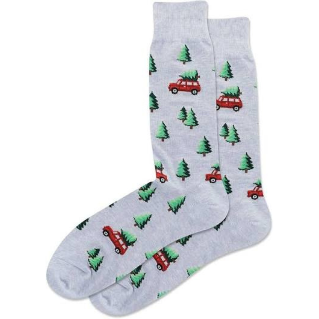 "Christmas Tree Car" Cotton Crew Socks by Hot Sox
