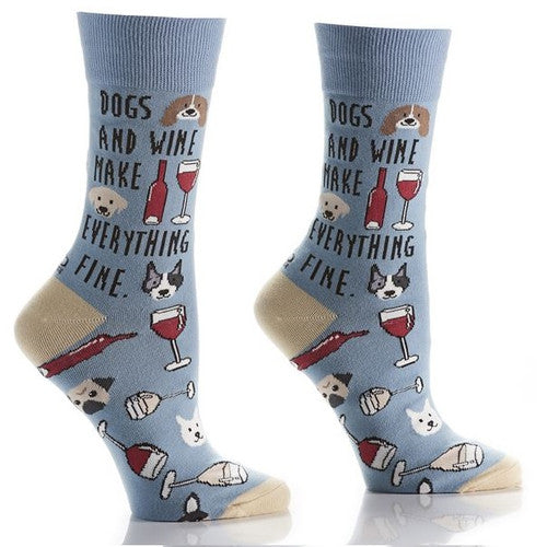 "Dogs and Wine" Cotton Dress Crew Socks by YO Sox -Medium