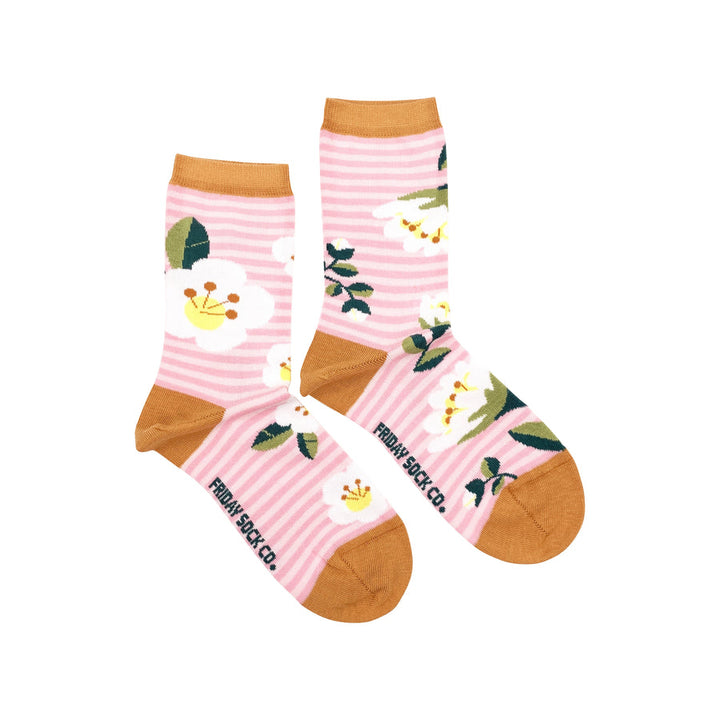 "Pink Stripes Floral" 85% Cotton Socks by Friday Sox Co