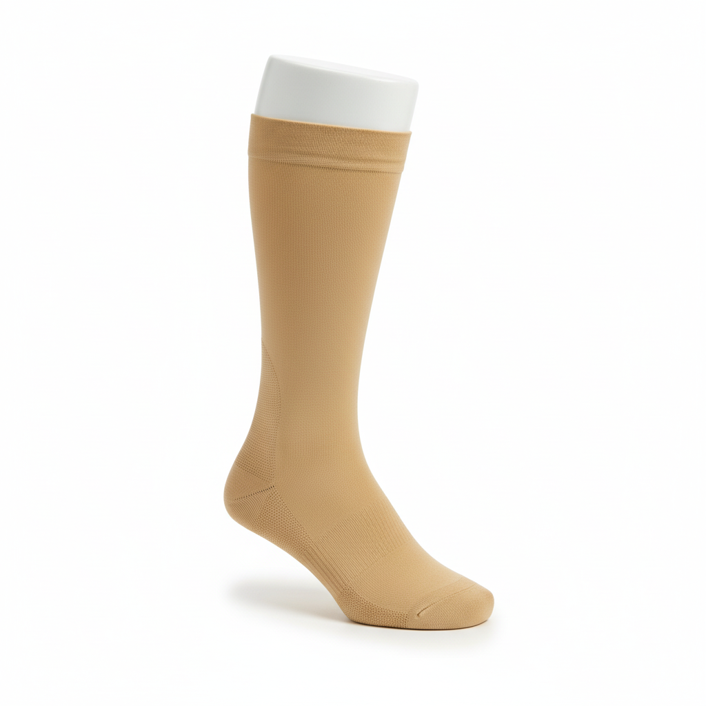Beige compression sock on foot form