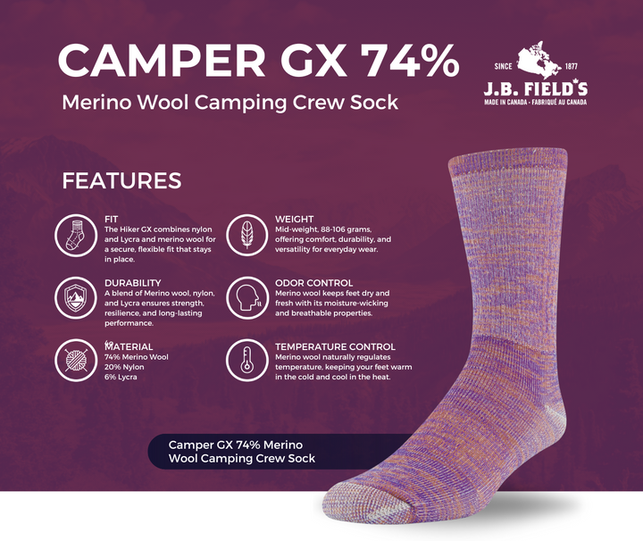 J.B. Field's "Camper GX" 74% Merino Wool Camping Crew Sock