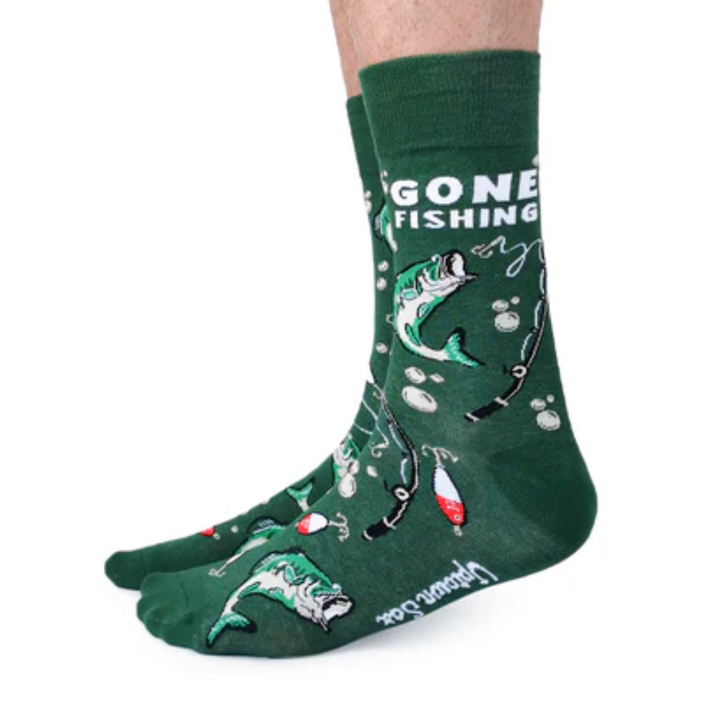 "Gone Fishing" Cotton Crew Socks by Uptown Sox - Large