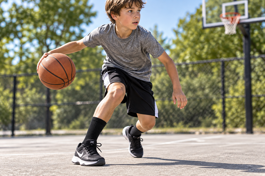 Kid playing basketball outdoors wearing J.B. Field's Bamboo Sport Crew socks