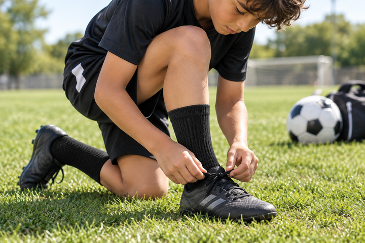 Kid tying sneakers before soccer practice wearing J.B. Field's Bamboo Sport Crew socks