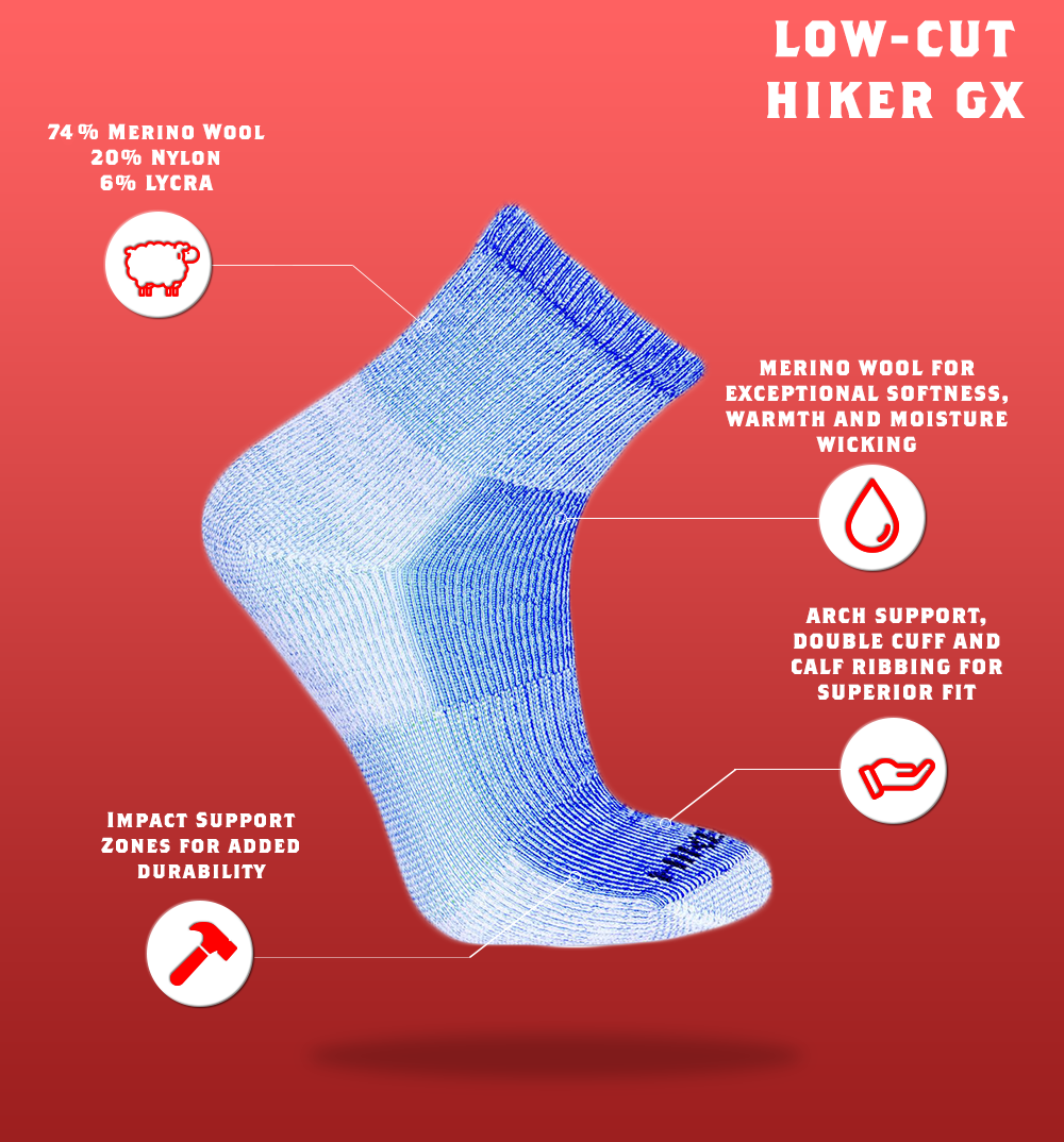 J.B. Field's Hiking "Hiker GX" 74% Merino Wool Low-Cut Ankle Socks