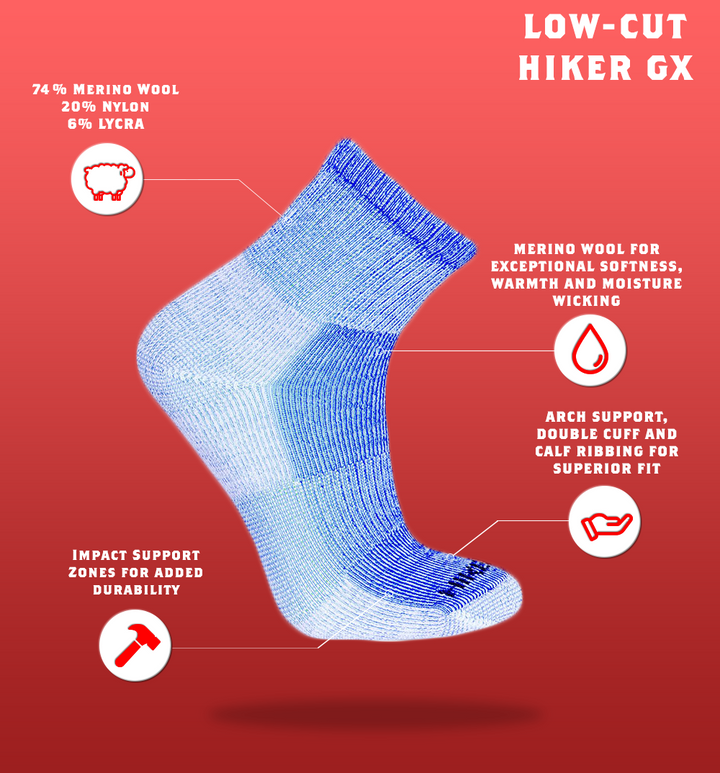 J.B. Field's Hiking "Hiker GX" 74% Merino Wool Low-Cut Ankle Socks