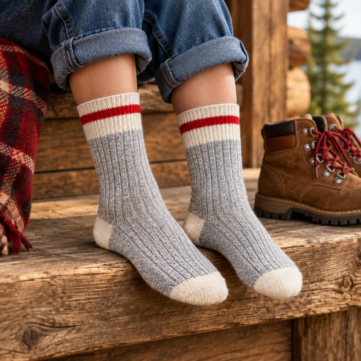 Red-stripe kids’ socks in a cabin-step lifestyle scene