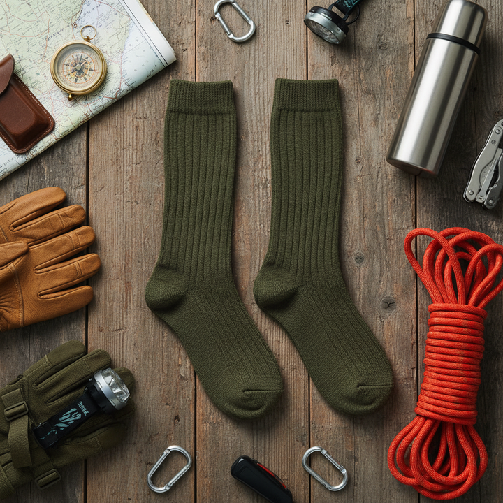 Rustic outdoor gear flat lay - no cuff