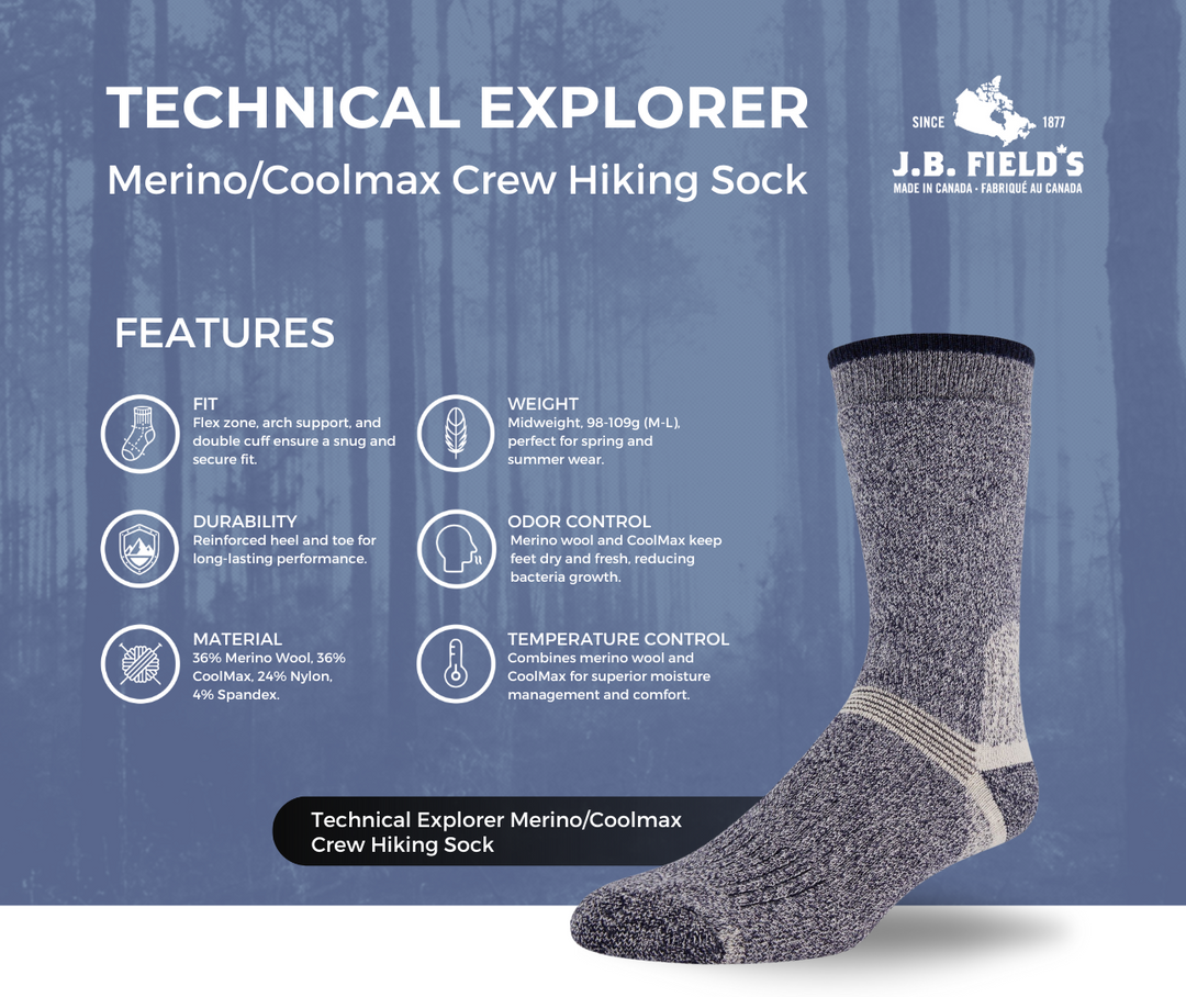 Chaussettes de randonnée « Technical Explorer » en laine mérinos/Coolmax Crew de JB Field 