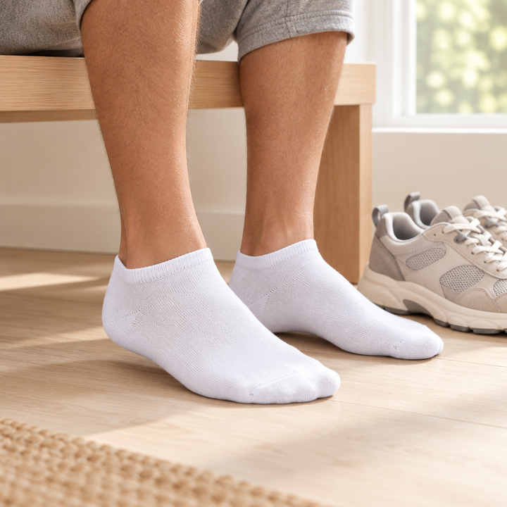 White KEY socks, getting ready for a morning walk