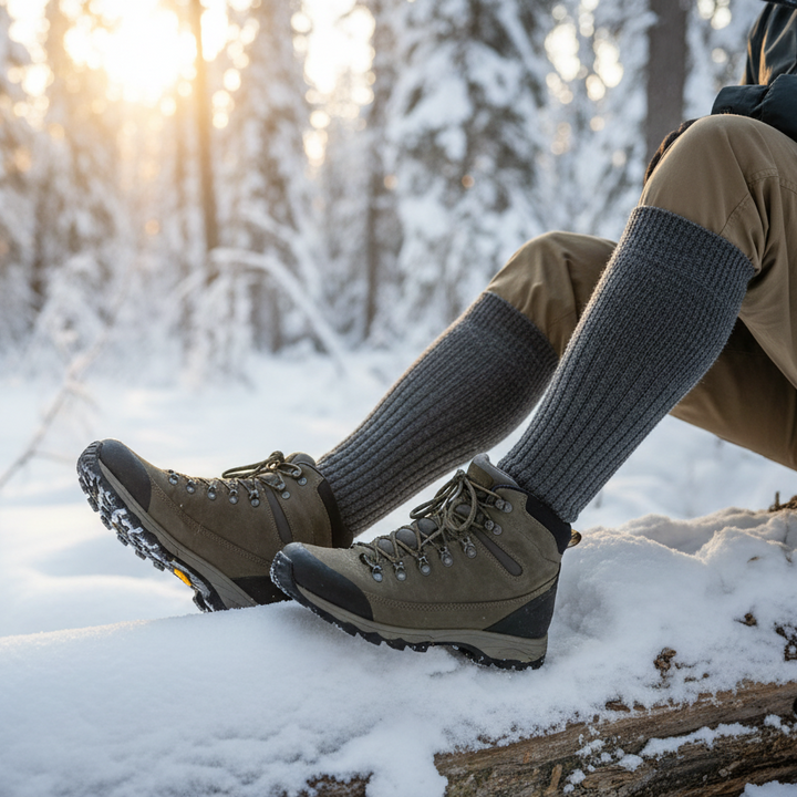 Winter hike break - grey socks