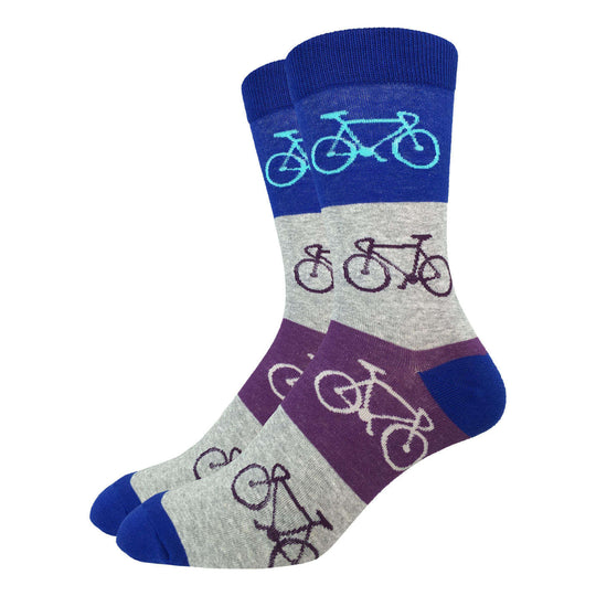 "Blue & Grey Checkered Bicycle" Cotton Crew Socks by Good Luck Sock - Large