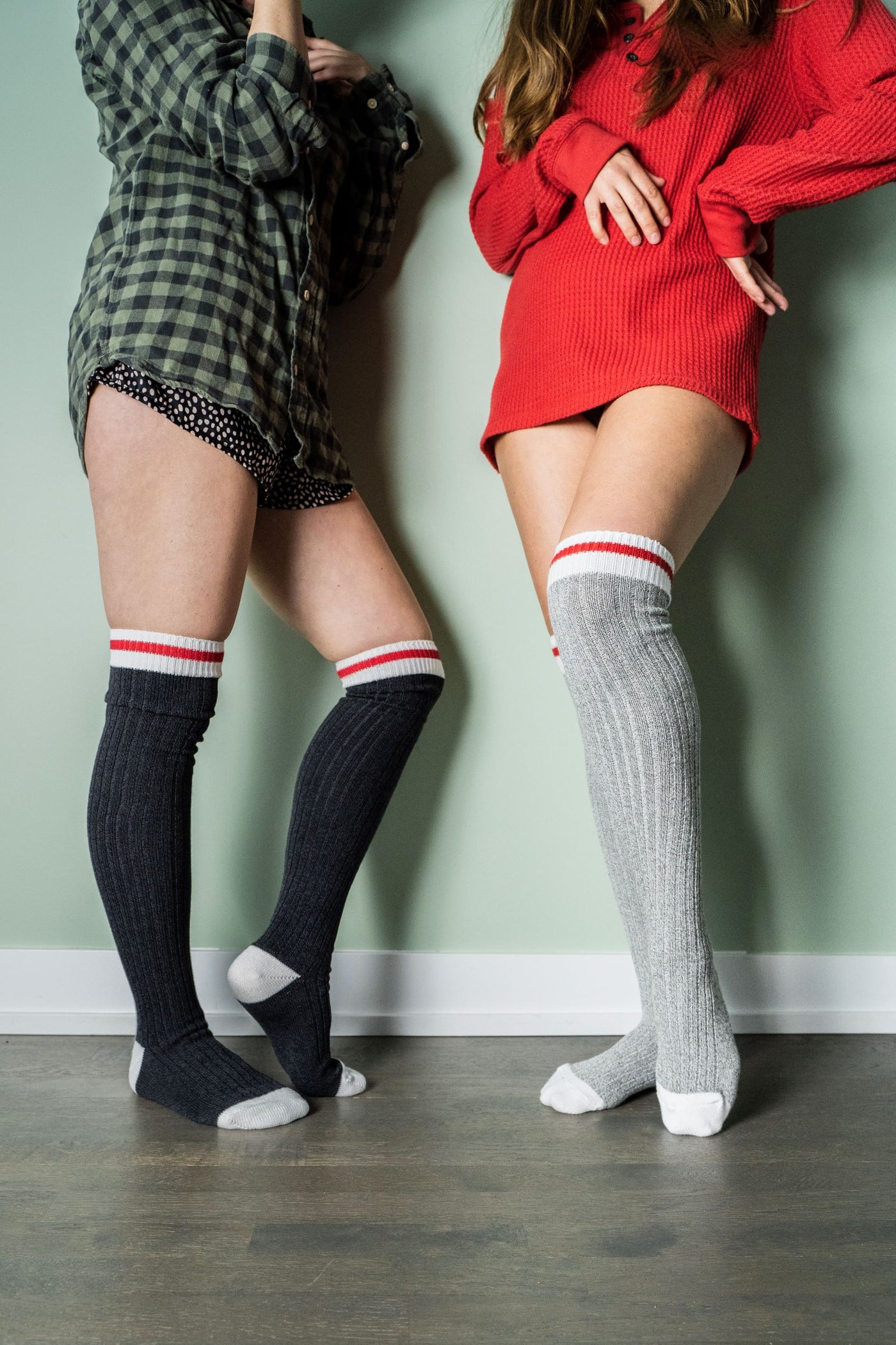 thigh high socks with red stripe 