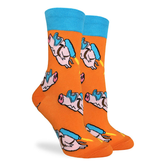 "Rocket Pig" Cotton Crew Socks by Good Luck Sock