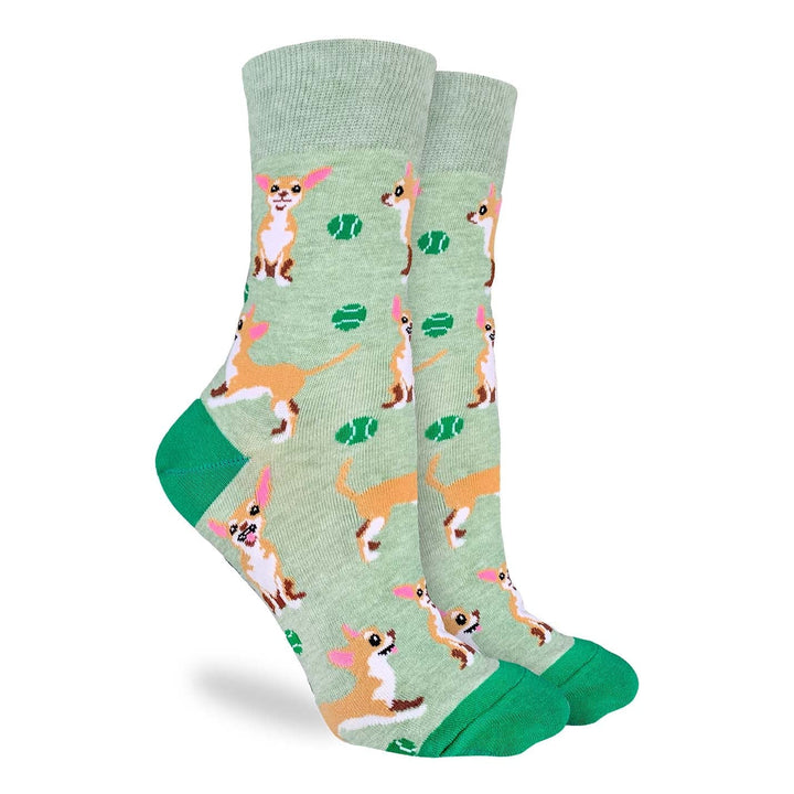 animal socks with chihuahua and tennis ball pattern