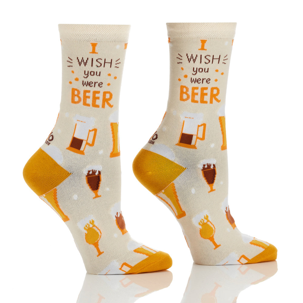 "I Wish You Were Beer" Cotton Dress Crew Socks by YO Sox - Medium