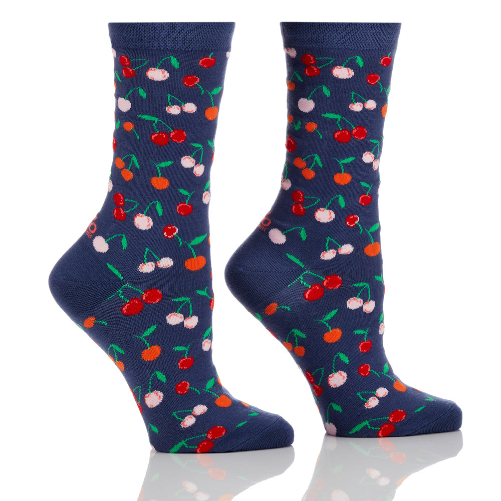 "Cherries" Cotton Dress Crew Socks by YO Sox -Medium