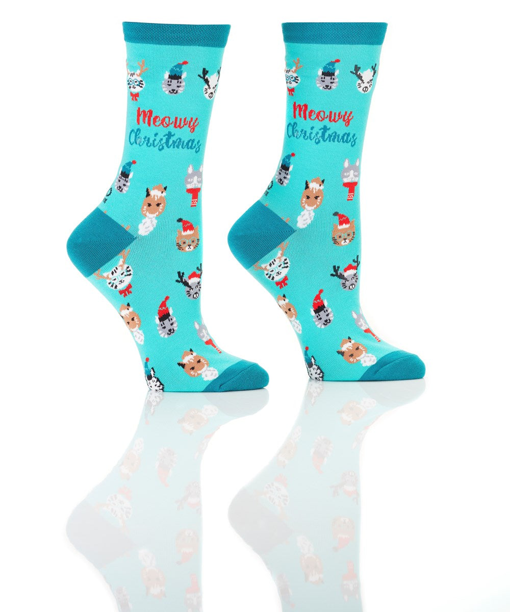 "Meowy Christmas" Cotton Crew Socks by Yo Sox - Medium