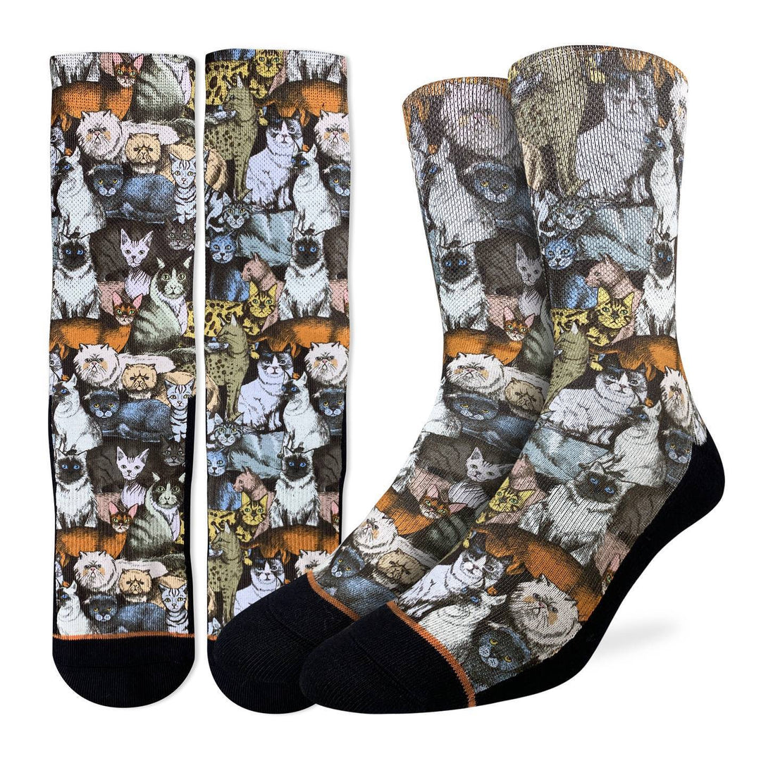 "Social Cats" Active Fit Crew Socks by Good Luck Sock - Large
