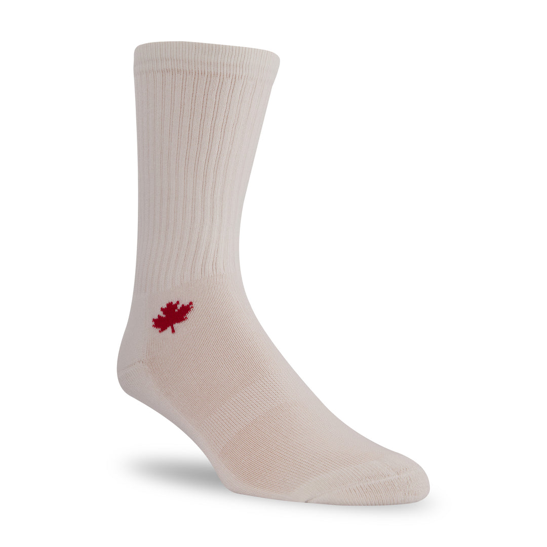 athletic bamboo running socks in white with a maple leaf