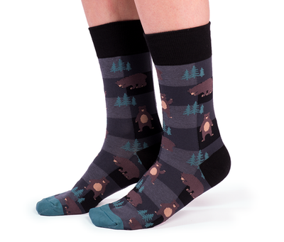 plaid animal socks with bears and trees
