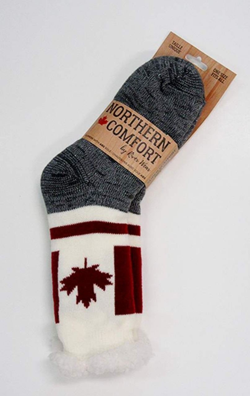Northern Comfort Canada Flag Sherpa-Lined Grip Women and Men's Slipper  Socks