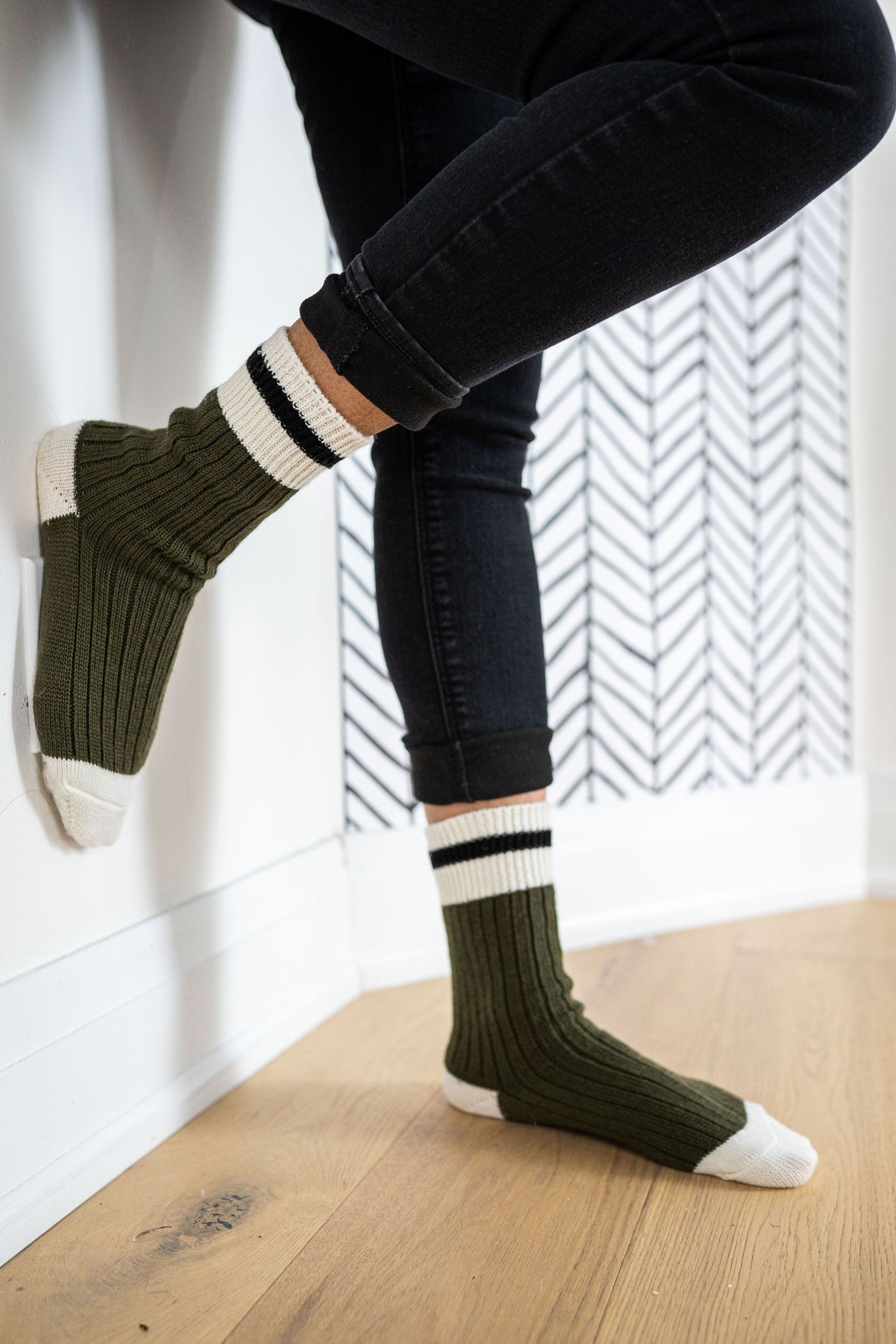 green Wool Socks with top stripe