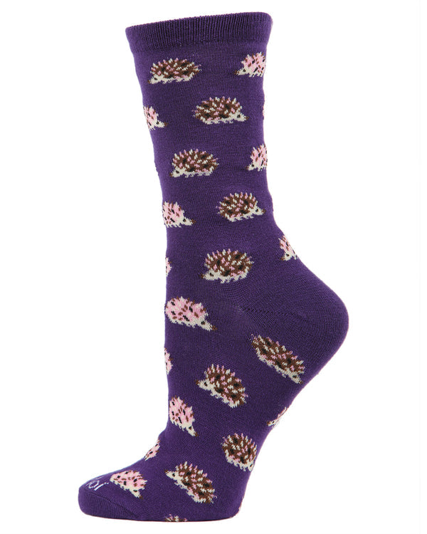purple bamboo socks with hedgehogs
