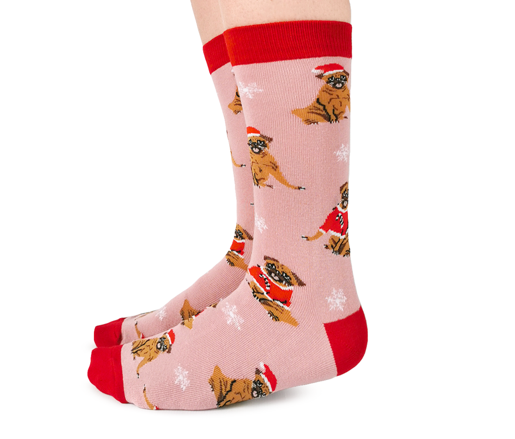 "Merry Pug Mas" Cotton Crew Socks by Uptown Sox - Medium - SALE