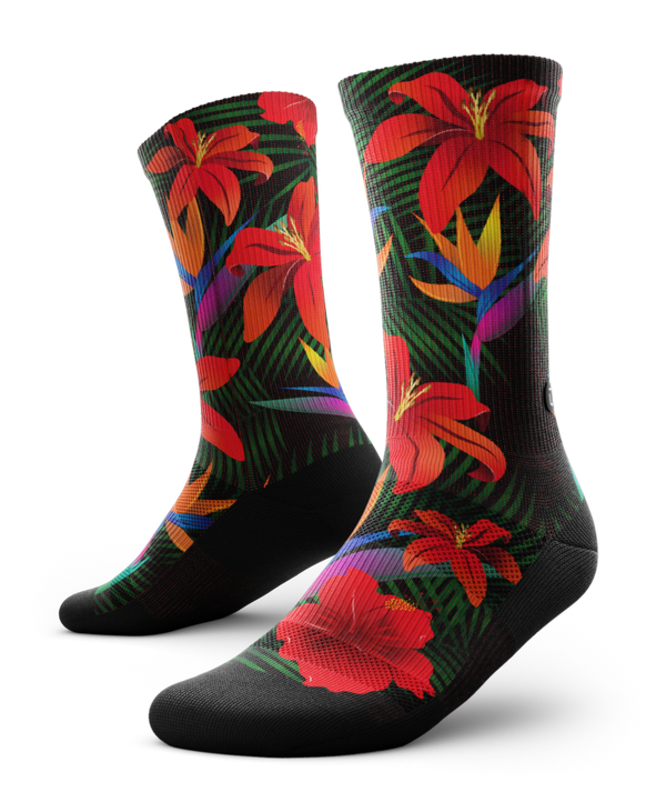 running socks with tropical flowers pattern