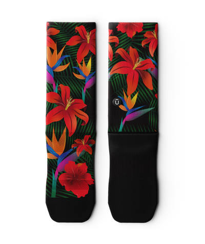 running socks with tropical flowers pattern