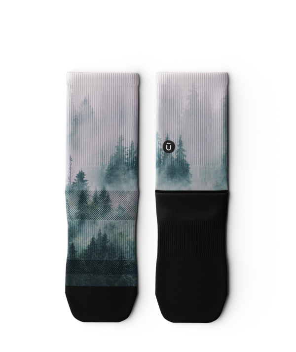 running socks with misty forest design