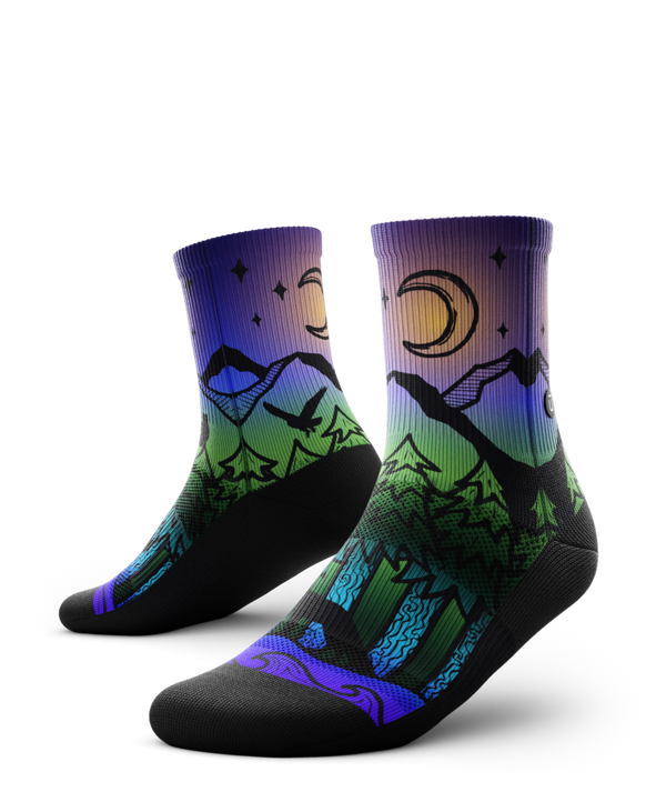 running socks with night forest scenery