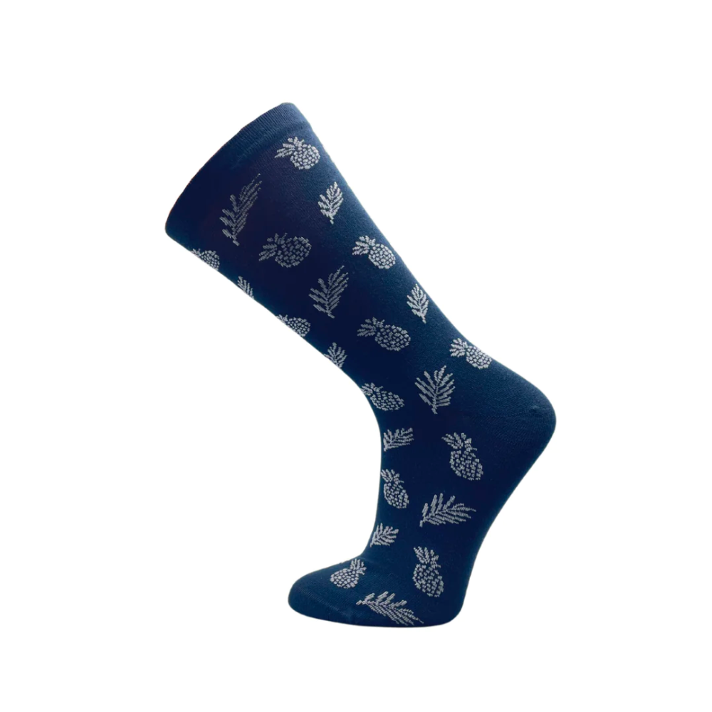 blue bamboo diabetic socks with pineapples and palm leaves