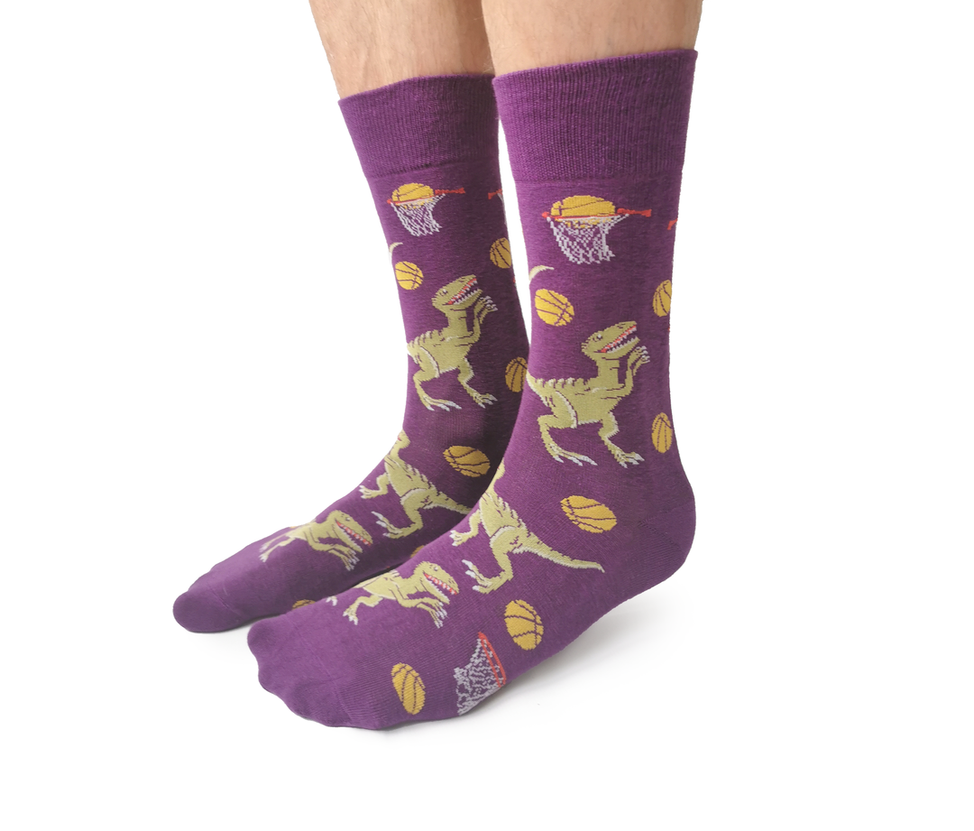 "Dino Basketball" Cotton Crew Socks by Uptown Sox - Large