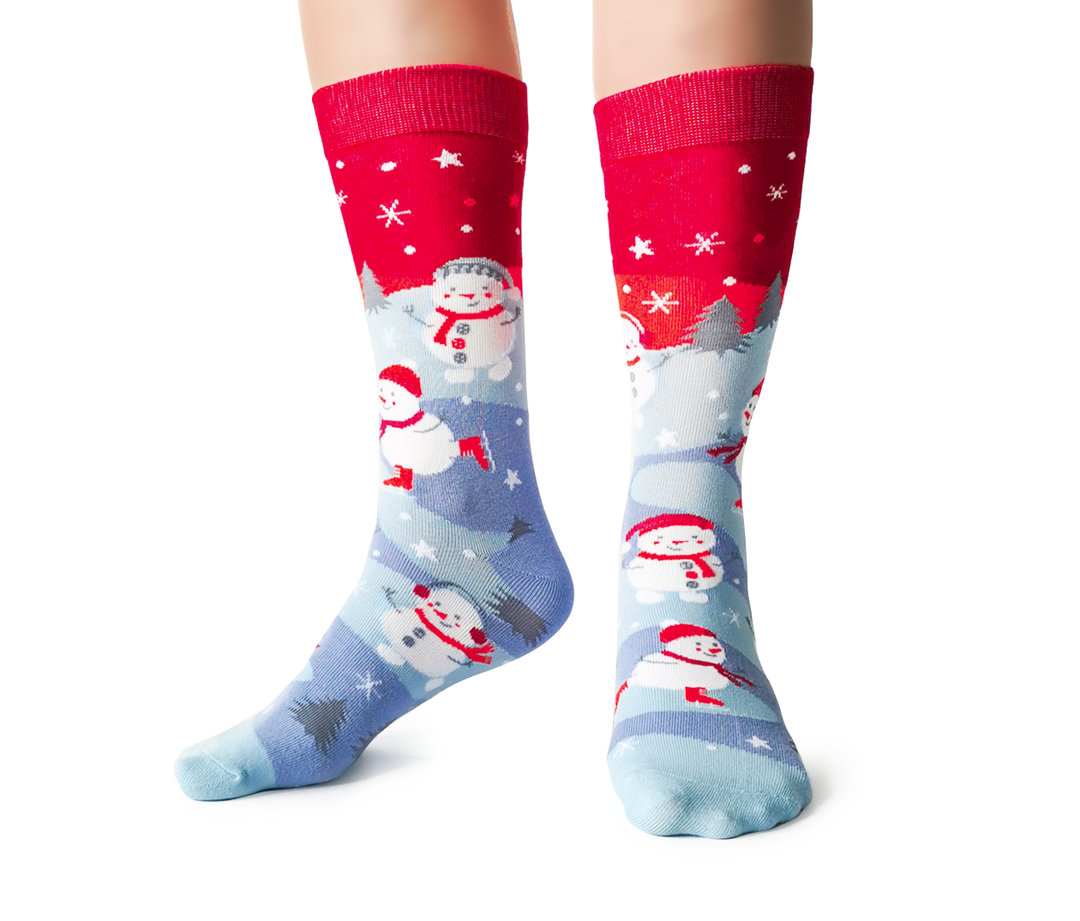 "Skating Snowman" Cotton Crew Socks by Uptown Sox - Medium