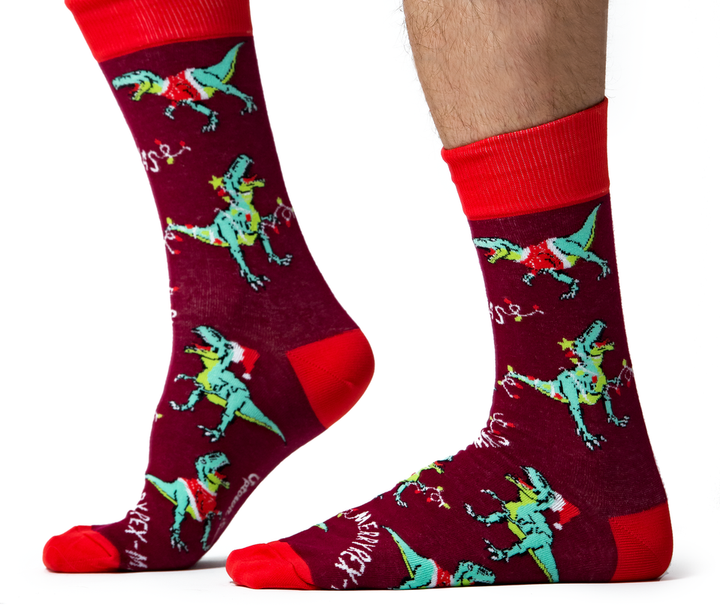"Merry Rex-mas" Cotton Crew Christmas Socks by Uptown Sox - Large - SALE