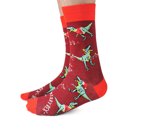 "Merry Rex-mas" Cotton Crew Christmas Socks by Uptown Sox - Large - SALE