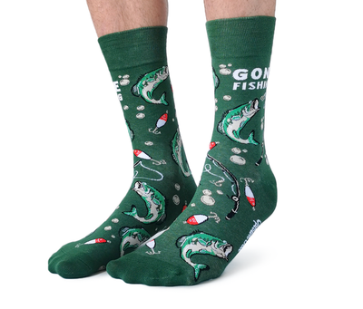 "Gone Fishing" Cotton Crew Socks by Uptown Sox - Large