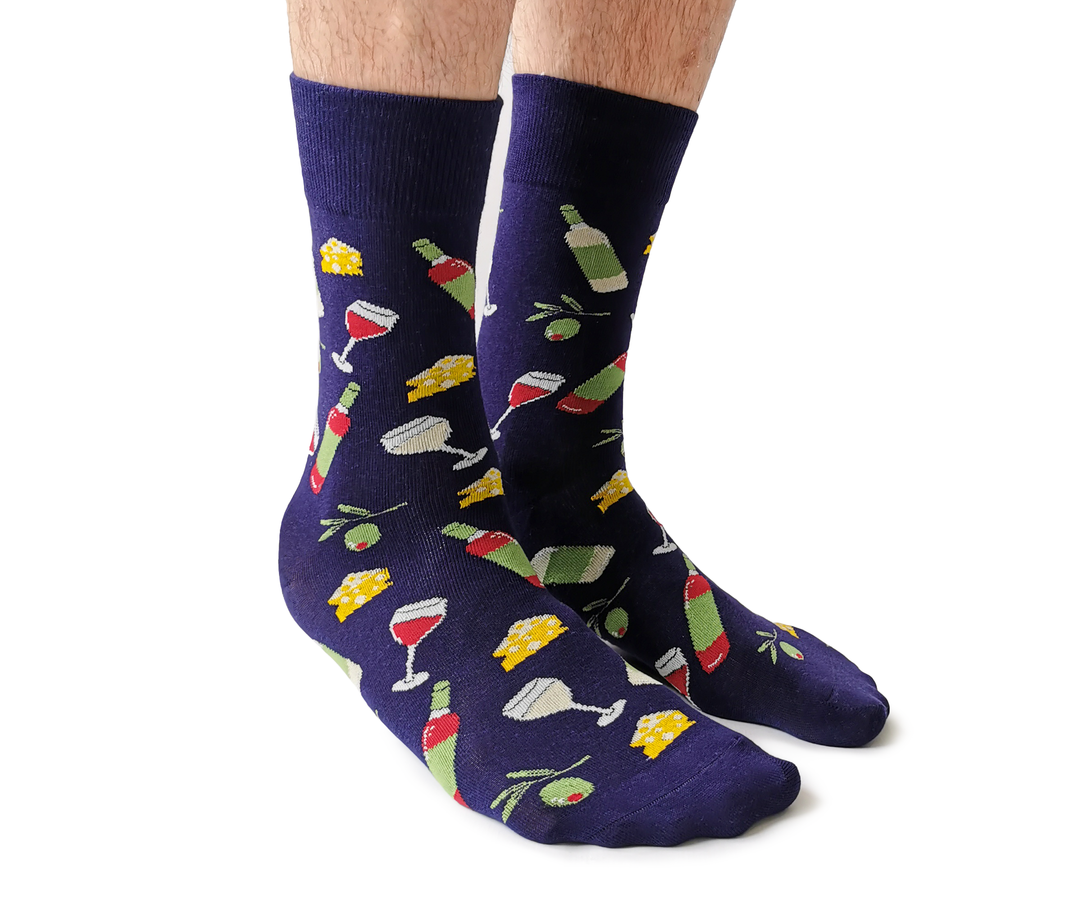 "Wine and Cheese" Cotton Crew Socks by Uptown Sox - Large