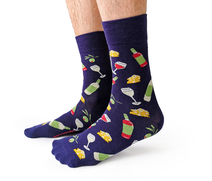 "Wine and Cheese" Cotton Crew Socks by Uptown Sox - Large