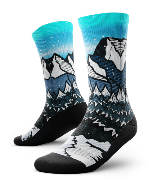 running socks with illustrated mountains