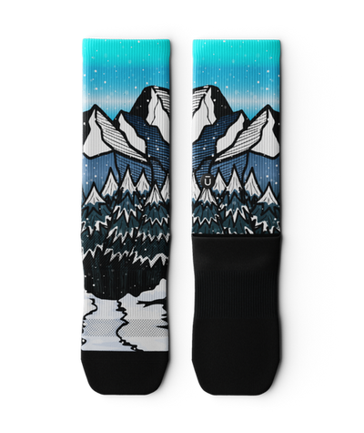 running socks with illustrated mountains