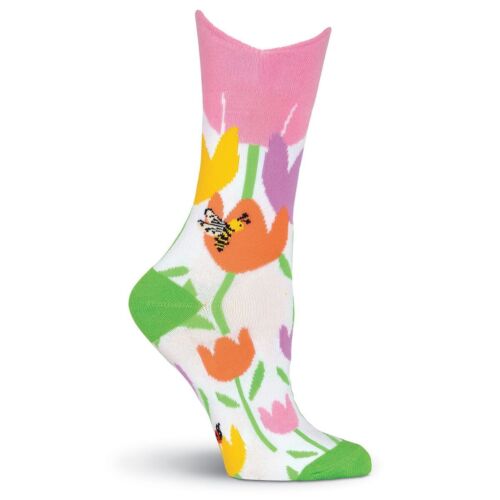 "Wide Mouth Tulips White" Crew Socks by K Bell-Medium