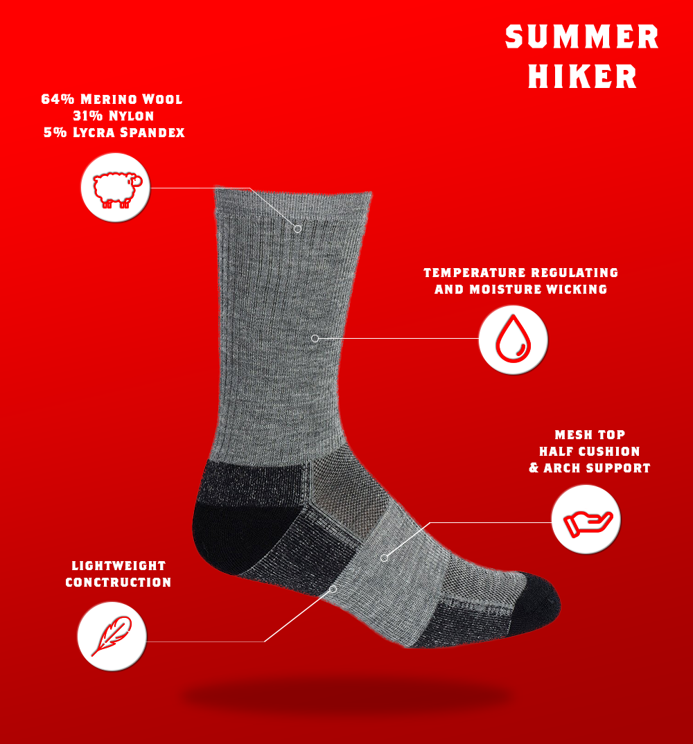 J.B. Field's Summer Hiker Crew Merino Wool Hiking Sock